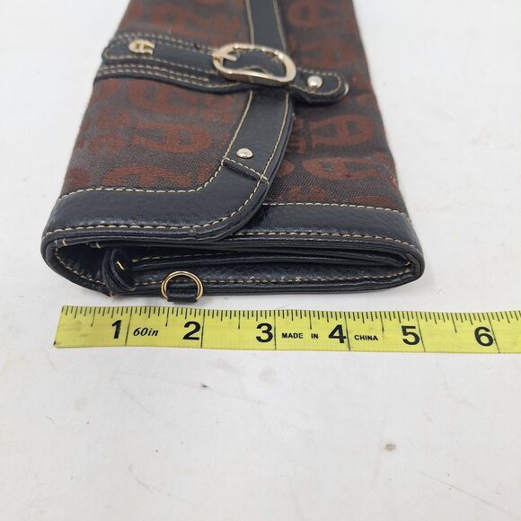 Etienne Aigner Brown Black Leather Signature Jacquard Accordian Snap Wallet - Picture 5 of 13